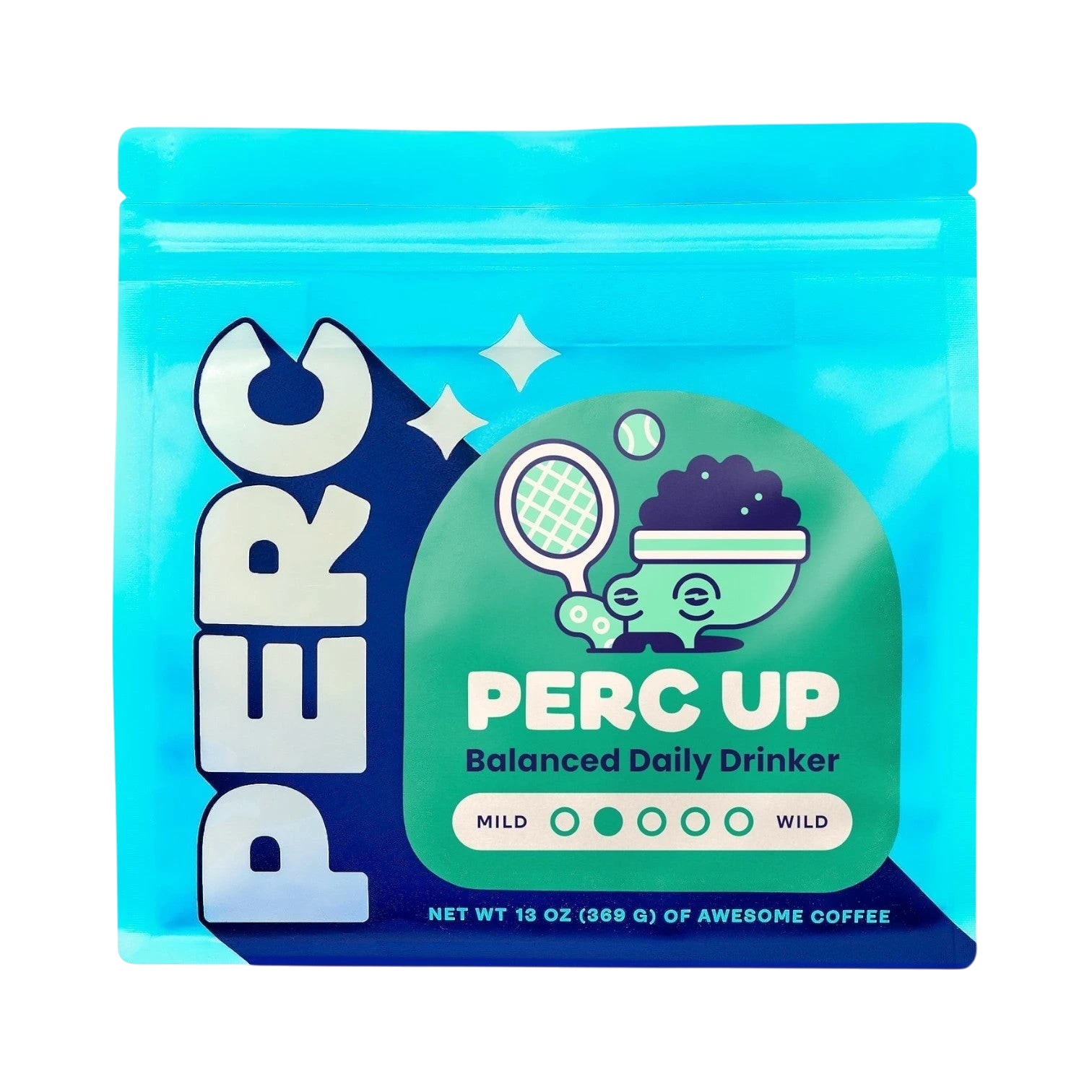 The Pull & Pour Shop PERC UP coffee bag in bright blue with a playful tennis-themed graphic and balanced roast label.