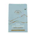 The Pull & Pour Shop Organic Peru San Fernando coffee bag in light blue with gold mountain graphic and USDA Organic seal