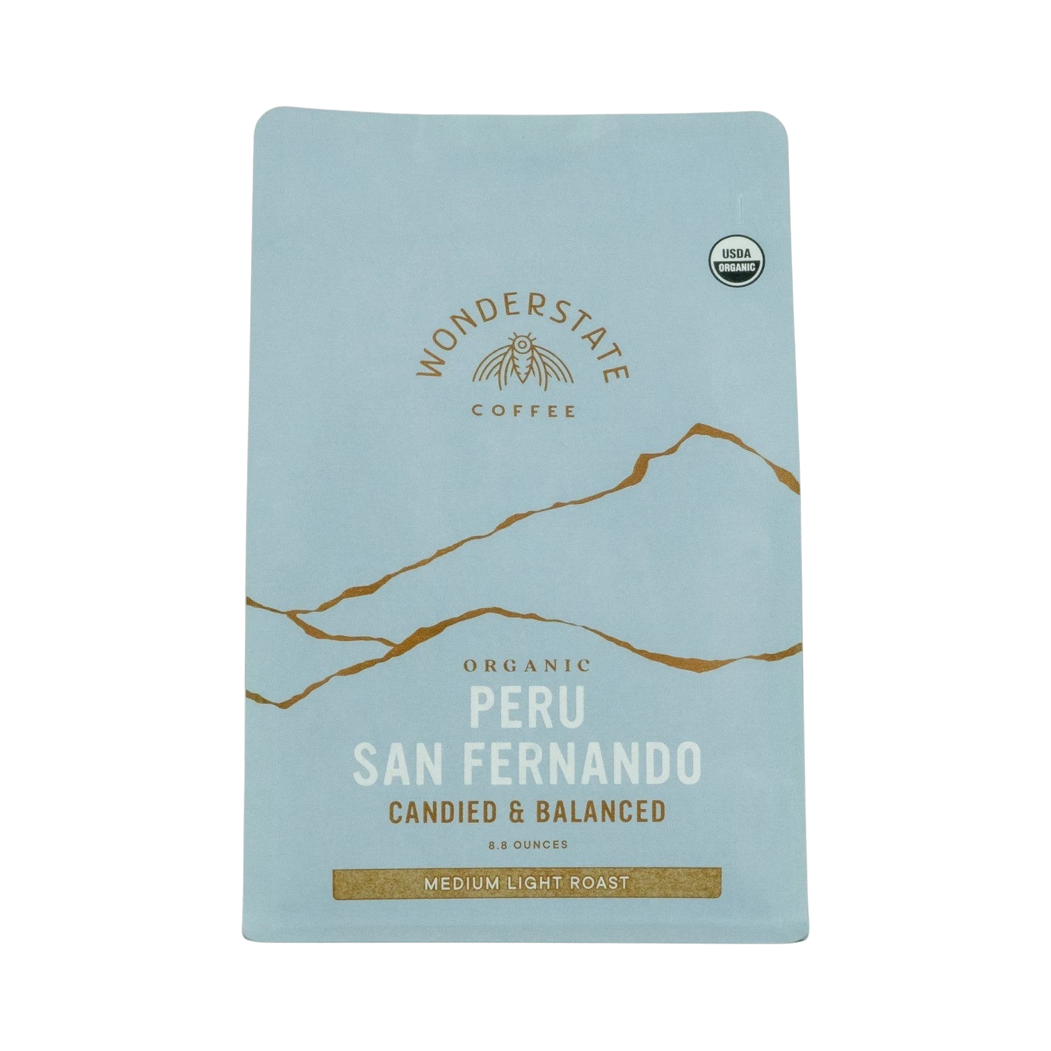 The Pull & Pour Shop Organic Peru San Fernando coffee bag in light blue with gold mountain graphic and USDA Organic seal