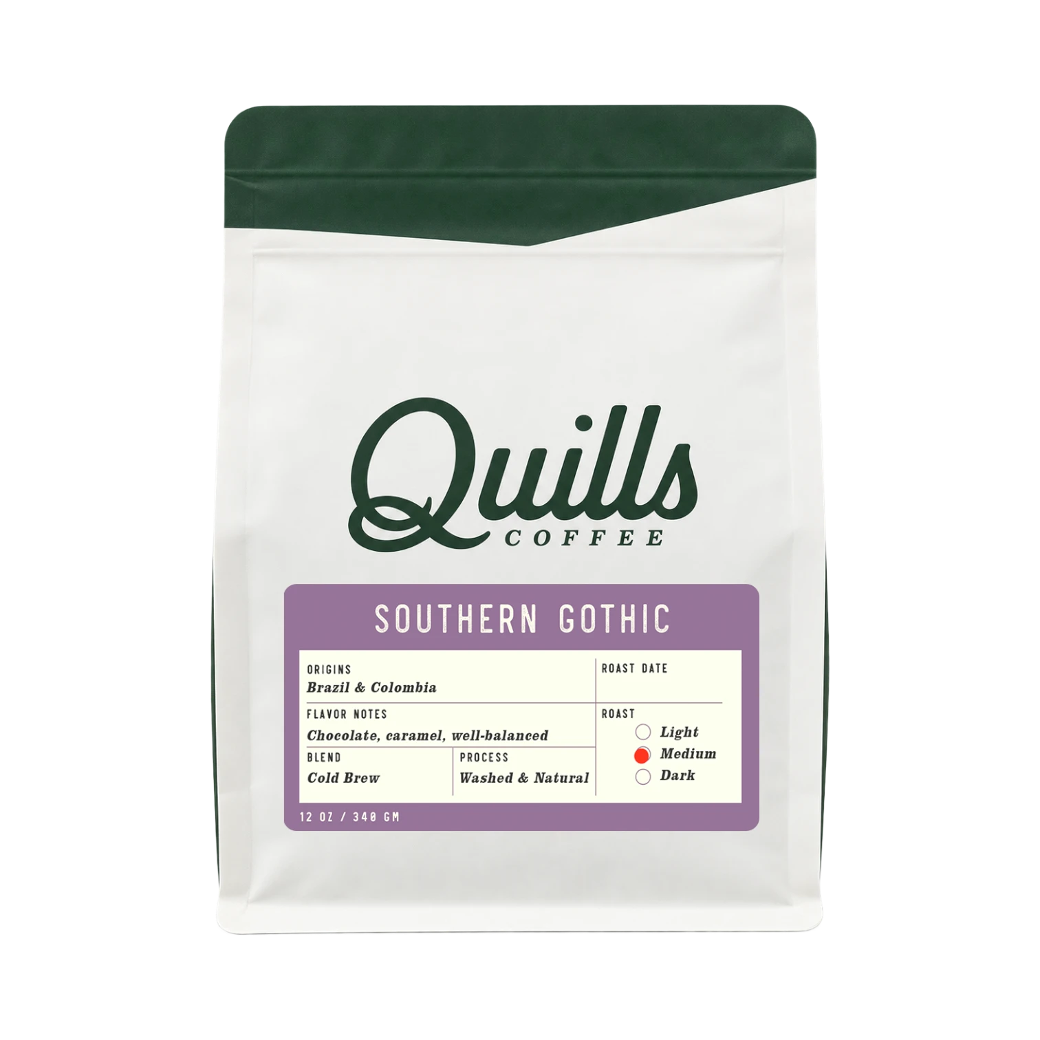 The Pull & Pour Shop Quills Coffee Southern Gothic cold brew blend bag with white packaging and purple label.