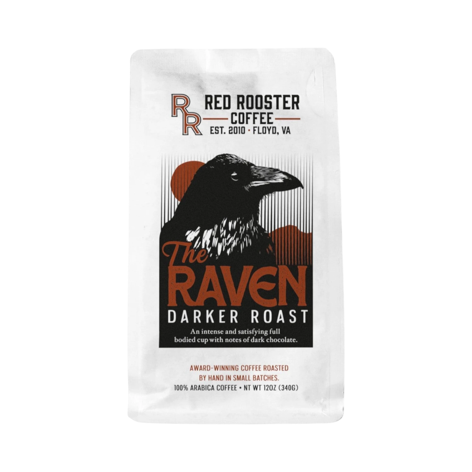 The Pull & Pour Shop Red Rooster Coffee The Raven dark roast coffee bag with raven illustration and chocolate notes
