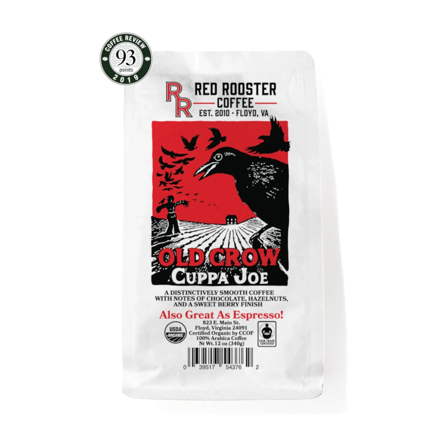 The Pull & Pour Shop Red Rooster Coffee Organic Old Crow Cuppa Joe bag with red and black crow graphic design