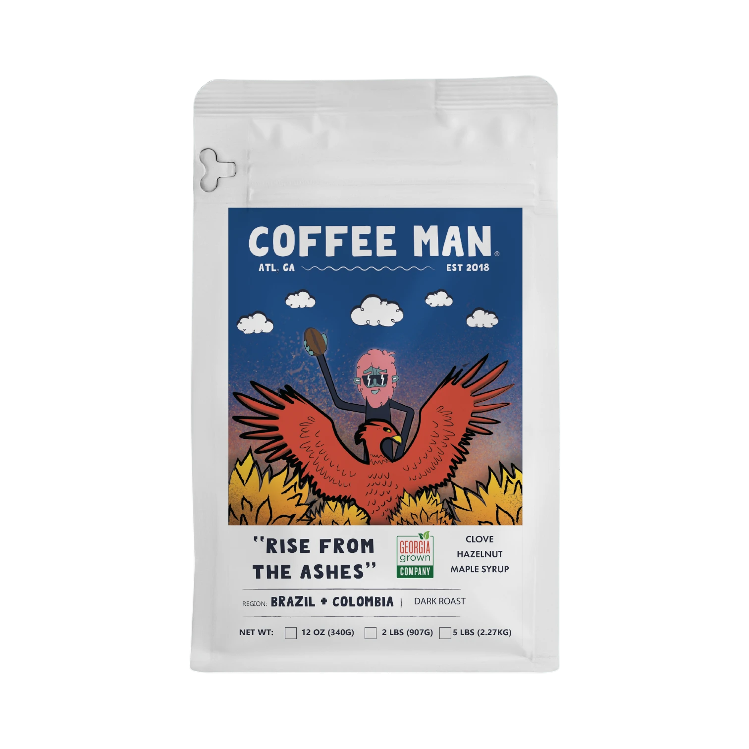 The Pull & Pour Shop Honduras and Brazil Rise from the Ashes dark roast coffee bag with phoenix illustration