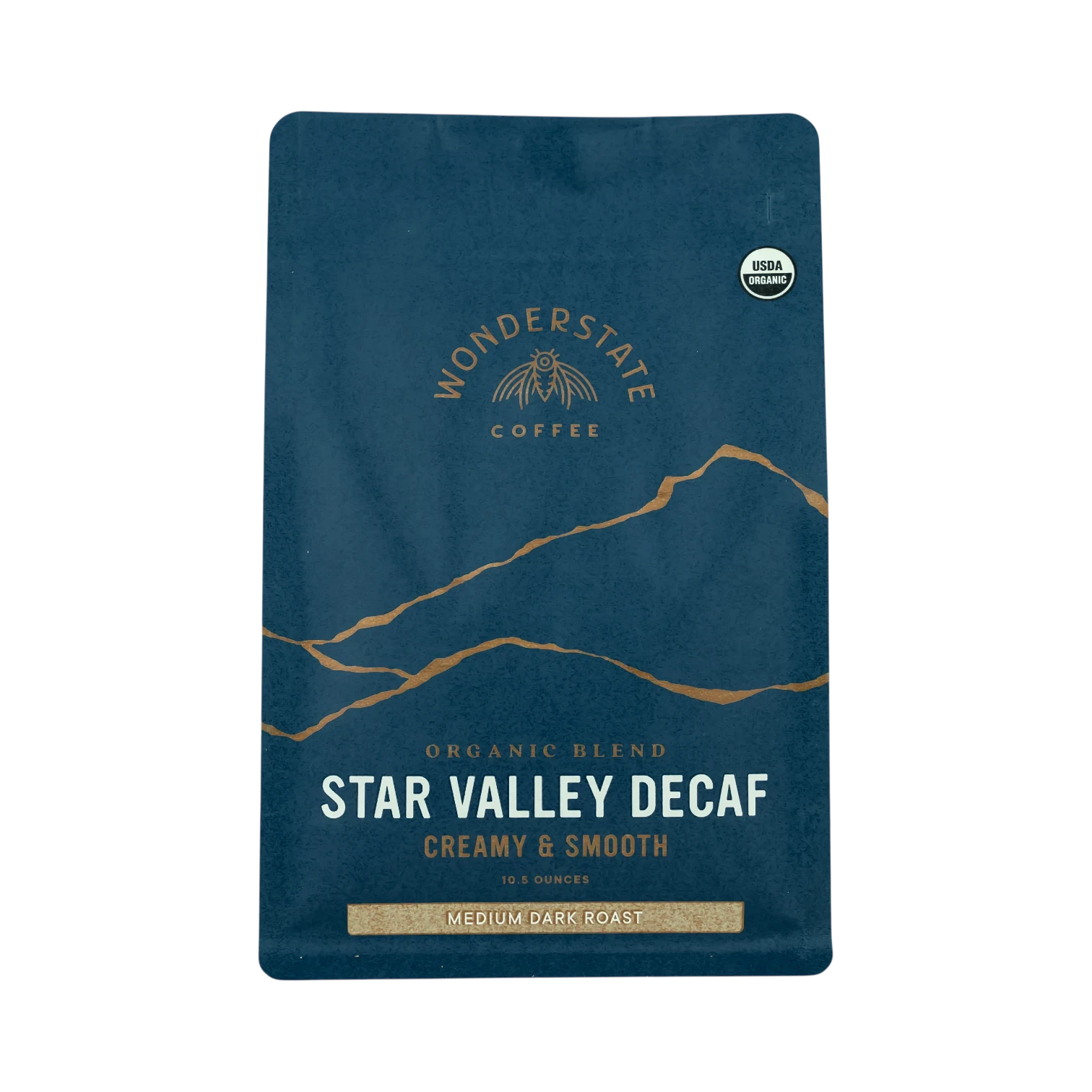 The Pull & Pour Shop Wonderstate Coffee Organic Star Valley Decaf bag with blue packaging and gold mountain graphic.