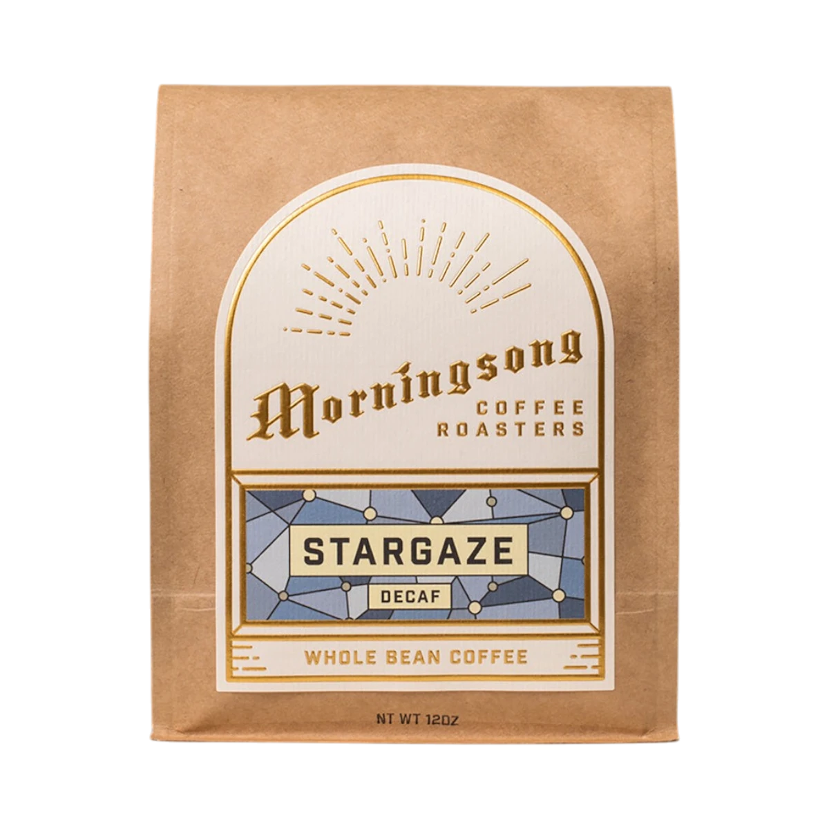 The Pull & Pour Shop Stargaze decaf whole bean coffee in a brown paper bag with a decorative geometric label.