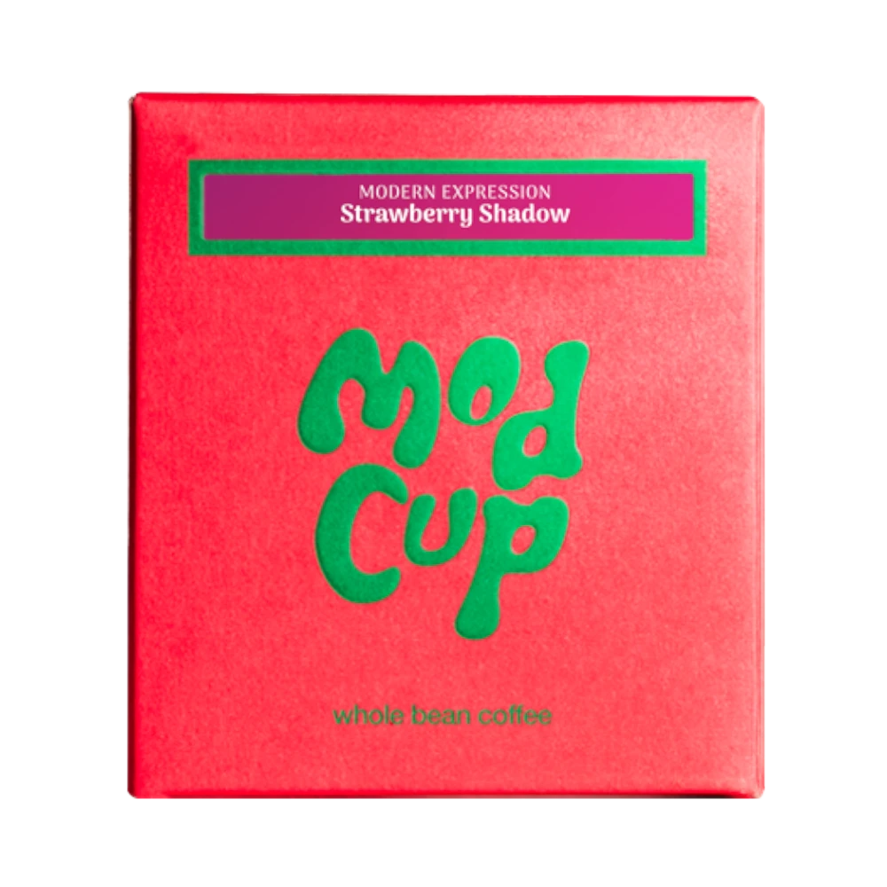 The Pull & Pour Shop Strawberry Shadow coffee box in bright red with green logo and pink label