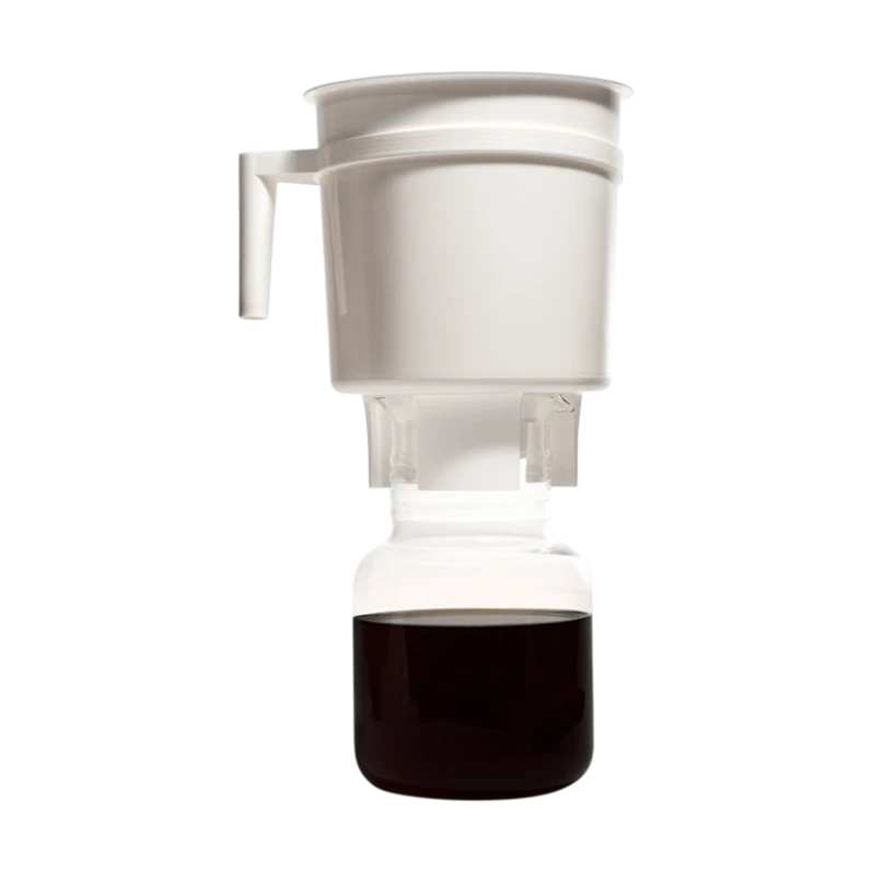 The Pull & Pour Shop Toddy Home Cold Brew System with white brewing container and glass decanter of coffee concentrate