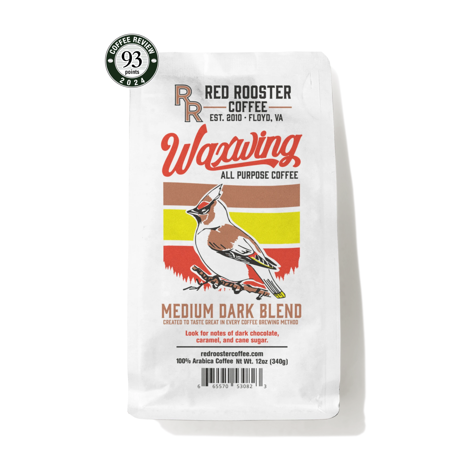 The Pull & Pour Shop Waxwing All-Purpose Blend coffee bag featuring a waxwing bird illustration on a white pouch.