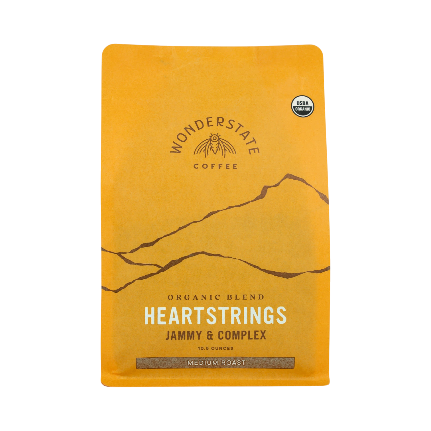 The Pull & Pour Shop Wonderstate Coffee Organic Heartstrings medium roast coffee bag in yellow packaging