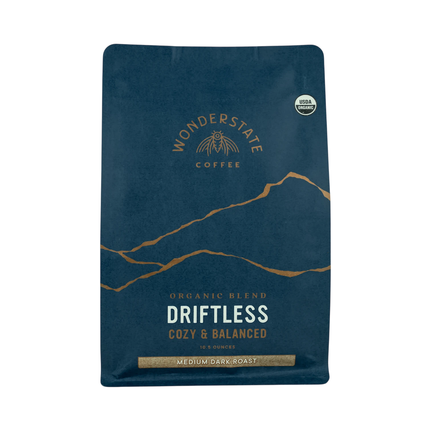 The Pull & Pour Shop Wonderstate Coffee Organic Driftless medium dark roast blend in a blue bag with gold mountain art