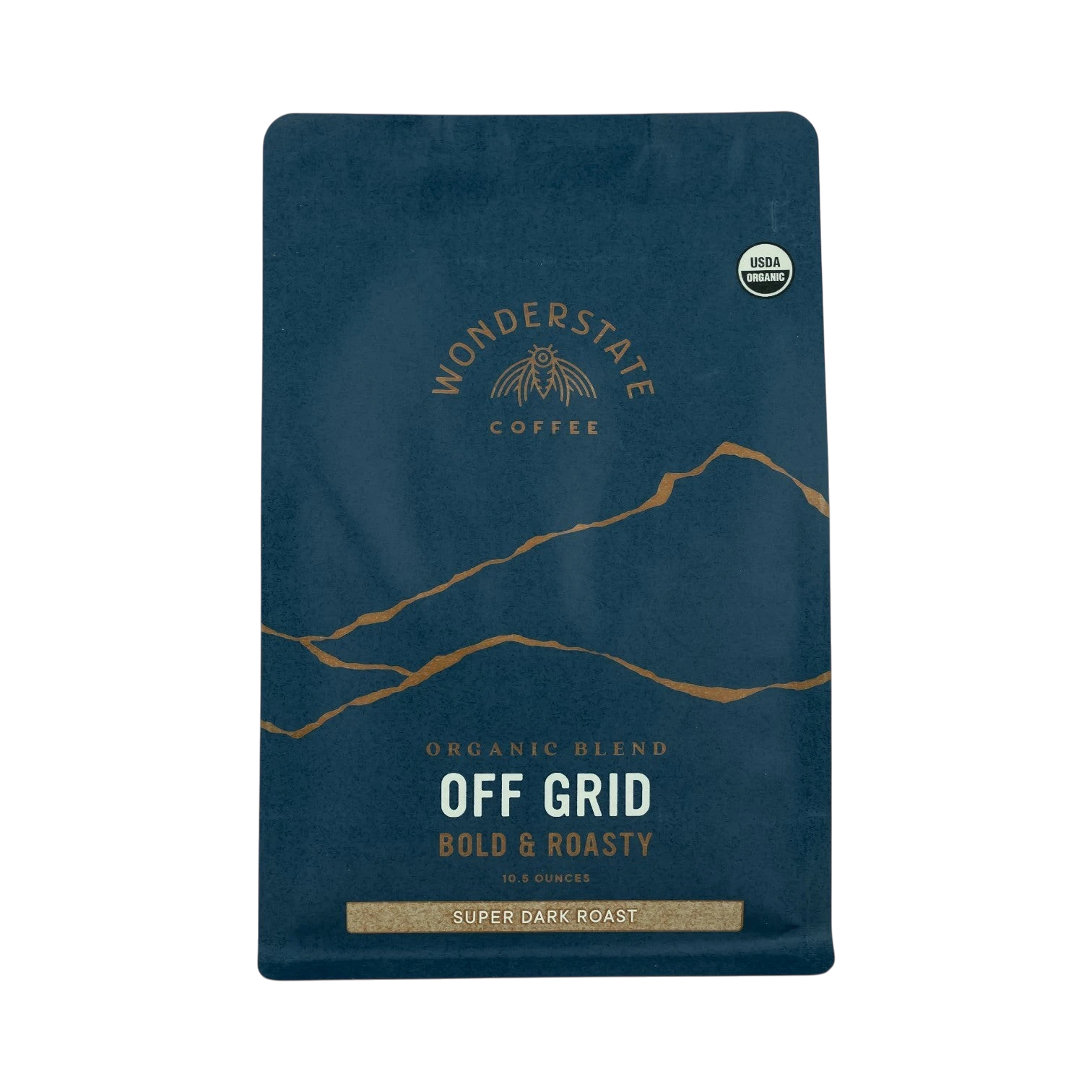 The Pull & Pour Shop Wonderstate Organic Off Grid super dark roast coffee bag in deep blue with gold mountain art